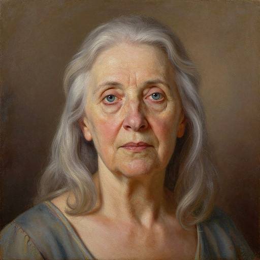 Realistic digital painting of an elderly woman with long, wavy silver hair, blue eyes, and a gentle expression, wearing a simple blue top.