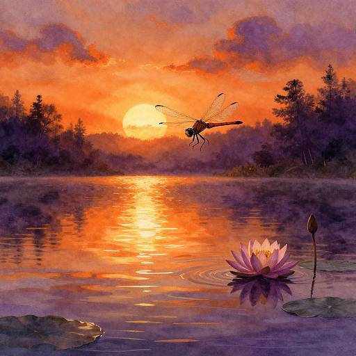 Vivid sunset over tranquil lake, orange sky reflecting in water, dragonfly soaring above, pink lotus blooming, lily pad and bud in