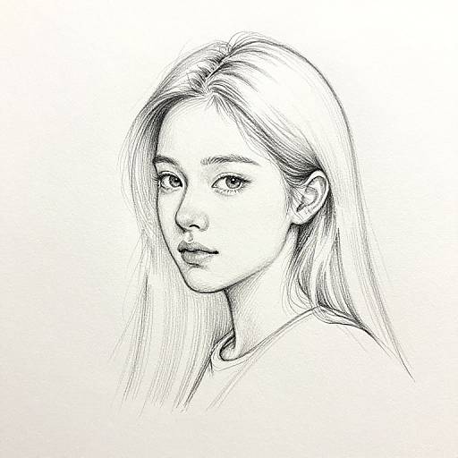 Black-and-white pencil drawing of a young woman with long, straight hair, gentle expression, and slight smile, wearing a simple shirt.