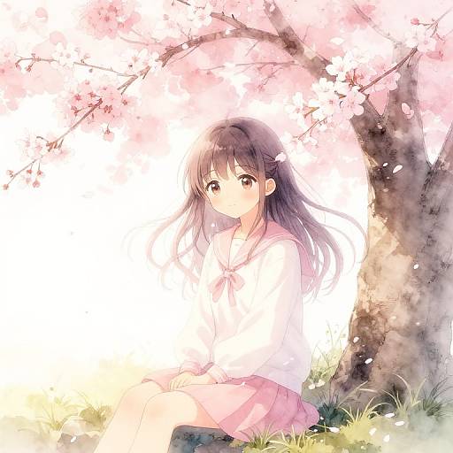 Delicate Anime Girl Under Cherry Blossoms