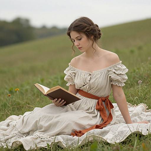 Photograph of a young woman with wavy brown hair, wearing an off-shoulder white dress with an orange sash, reading a book in