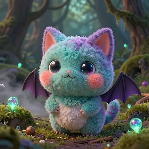Plush Bat-Cat in Glowing Moss Forest