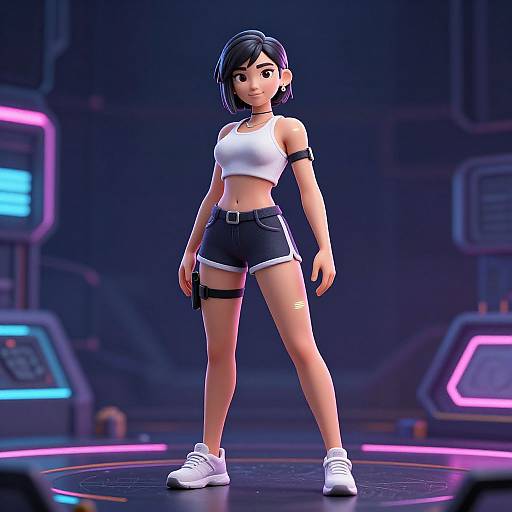 Digital anime-style illustration of a confident young woman with black bob haircut, wearing a white crop top, black shorts, and white sneakers, standing in a
