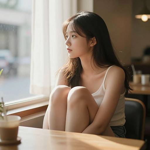 Photograph of a young Asian woman with long dark hair, wearing a white tank top and sitting by a sunlit window, knees drawn to her chest