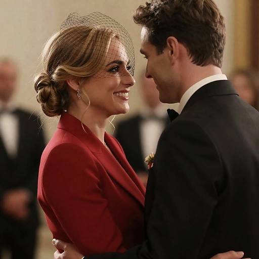 Photograph of a smiling woman in a red dress and netted headpiece, facing a man in a black tuxedo, both standing closely in