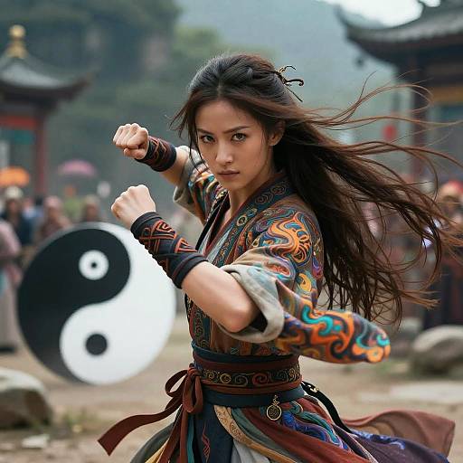 Photograph of an intense Asian martial artist with long black hair, wearing an ornate, colorful traditional robe, mid-punch, holding a yin