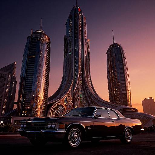 Photograph of a sleek black vintage car in front of futuristic, illuminated skyscrapers at sunset, with deep purple and orange sky.