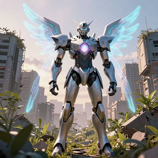 Digital artwork of a glowing, white and blue robotic angel with wings, standing in a ruined, overgrown cityscape. Bright light emanates from its