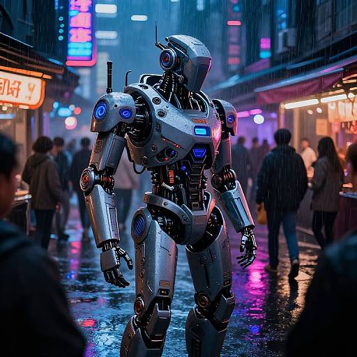 Cybernetic robot with glowing blue lights stands in rain-soaked, neon-lit urban street; blurred pedestrians in dark clothing surround it. Phot