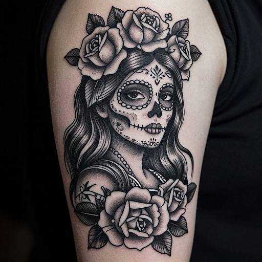 Black and gray tattoo of a sugar skull with detailed flowers in hair and around neck, on upper arm. Photorealistic style.