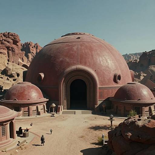 Photograph of a desert landscape featuring a large, red-brown domed building with smaller domes, arched entrance, and rocky hills in the