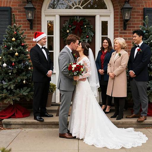 Festive Wedding Kiss at Brick Doorstep