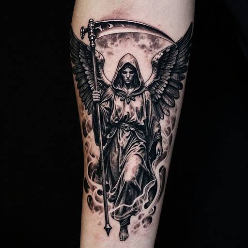 Black and gray tattoo of an angelic figure with wings, hooded robe, holding a scythe, surrounded by smoke, on a thigh. Photograph