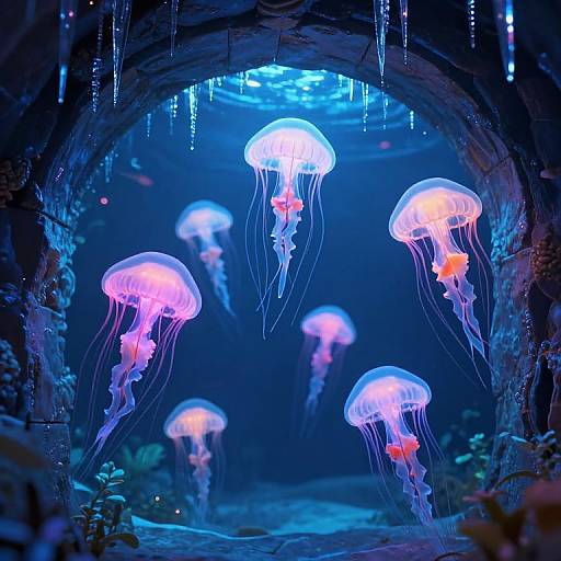 Photograph of glowing, bioluminescent jellyfish with pink and orange tips, floating in a dark, cavernous underwater scene with icicle-like