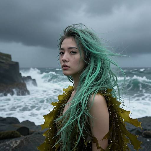 Photograph of a young woman with long, wind-swept teal hair, wearing a seaweed cloak, standing by a stormy, rocky ocean