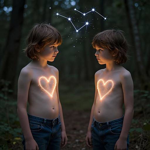Photograph of two shirtless, young boys with heart-shaped light patterns on their chests, facing each other in a dark forest, with a star constellation