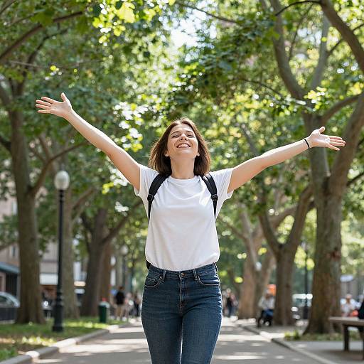 Photograph of a smiling young woman with brown hair, white t-shirt, blue jeans, and black backpack, arms outstretched, walking through a