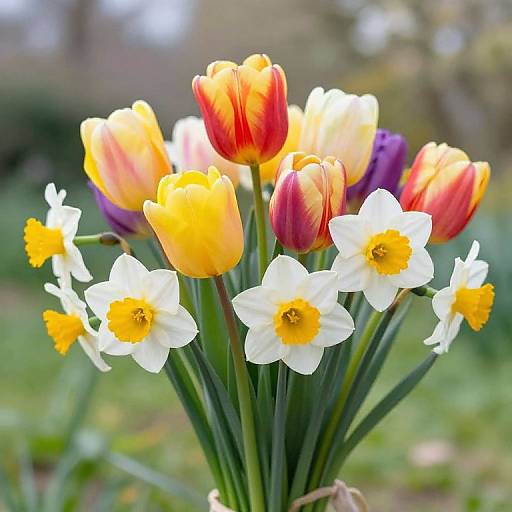 Photograph of a vibrant bouquet featuring yellow, red, and white tulips, alongside white daffodils with yellow centers, set against a blurred