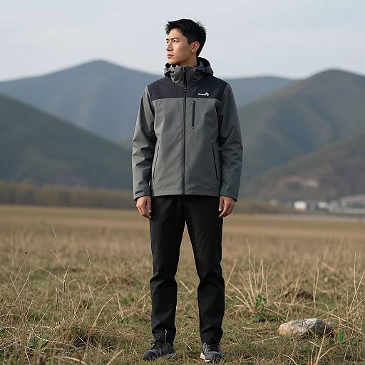 Photograph of an Asian man in a gray and black outdoor jacket, black pants, and sneakers, standing in a grassy field with mountains in the