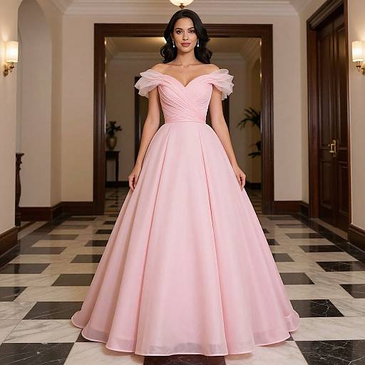 Photograph of a dark-haired woman in an off-shoulder, pink, floor-length ball gown, standing in a marble-tiled hallway with wooden