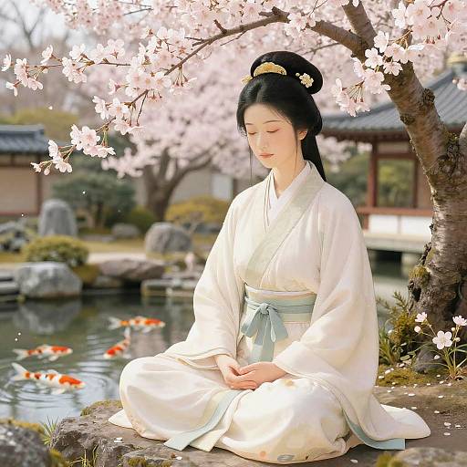 Serene Female Meditation in Japanese Garden