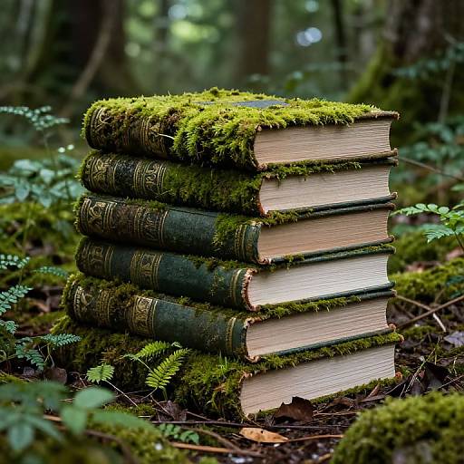 Photograph of a stack of five moss-covered, old leather-bound books standing in a lush, green forest, surrounded by ferns and leaves.