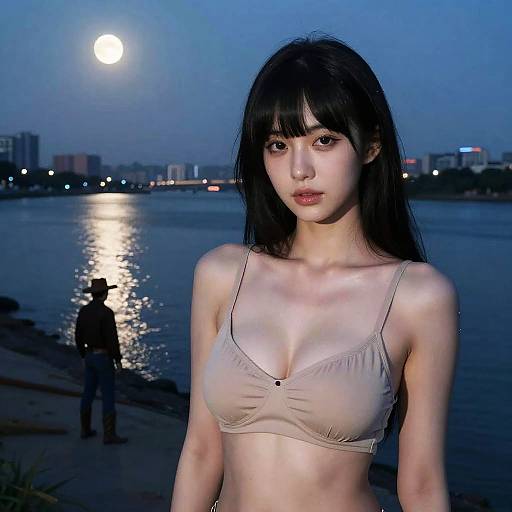 Moonlit City Shore Photorealistic Cowboy Shot