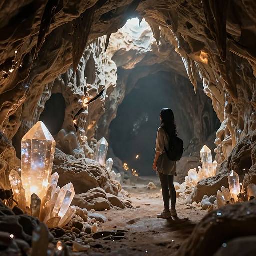Photograph of a woman with a backpack, standing in a glowing, crystal-filled cave, illuminated by ethereal, crystalline lights.
