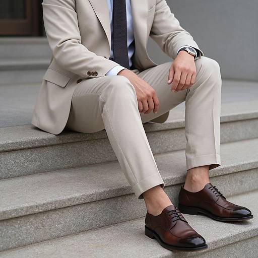 Photograph of a man in a beige suit, white shirt, black tie, and brown dress shoes, sitting on concrete steps, hands resting on knees