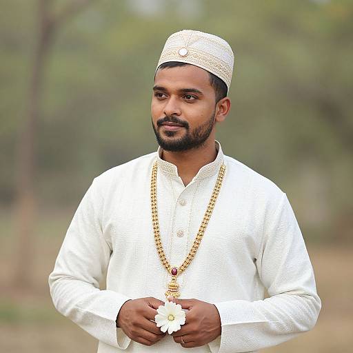 Photograph of a bearded South Asian man in white traditional attire, wearing a white cap and gold necklace with a flower pendant, standing outdoors with a