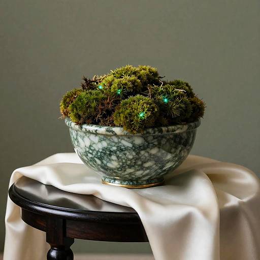 Marble Urn with Bioluminescent Moss on Ebony Table