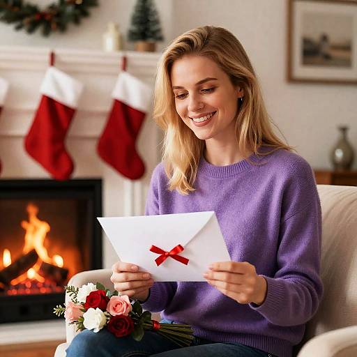 Cozy Christmas Scene with Smiling Woman
