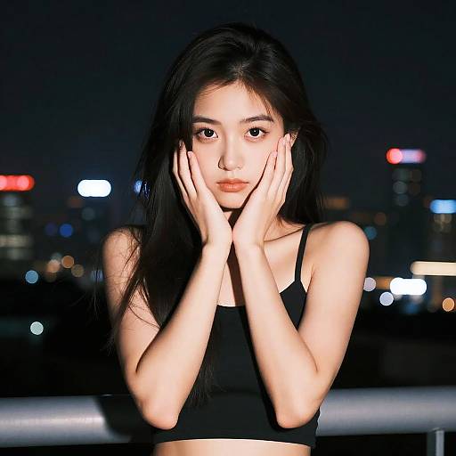 Portrait of Young Woman at Night Cityscape