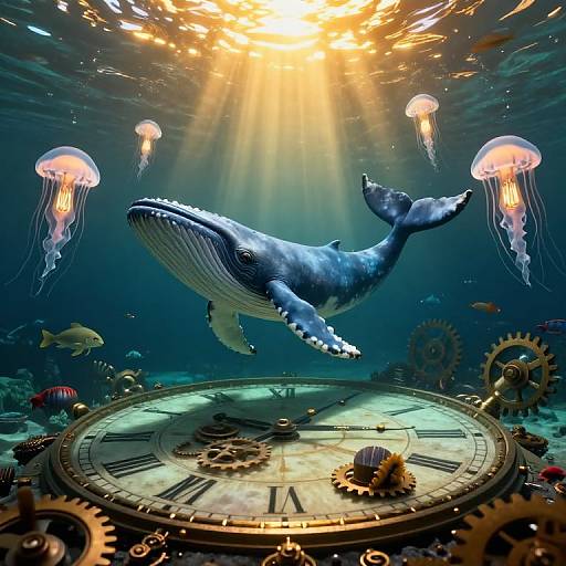 Digital artwork: A giant blue whale swims above an underwater clock face surrounded by jellyfish and gears, bathed in sunlight.