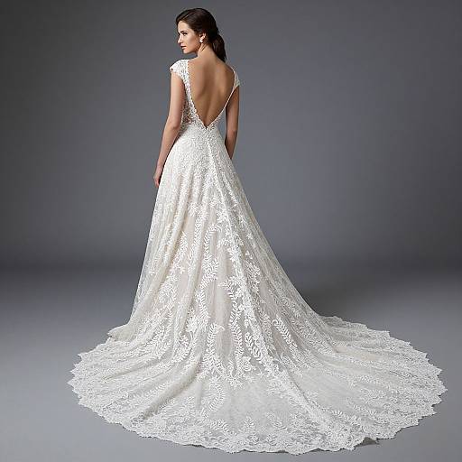 Photograph of a dark-haired woman in a white, lace, backless, long-sleeved wedding gown with a trailing train, standing against a