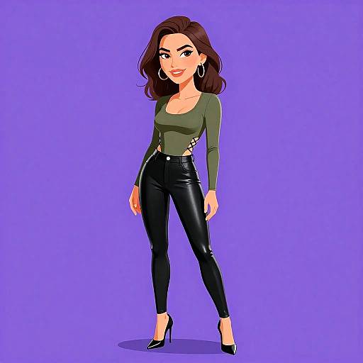 Digital illustration of a confident woman with brown hair, green long-sleeve top, black leather pants, black heels, and hoop earrings, standing against