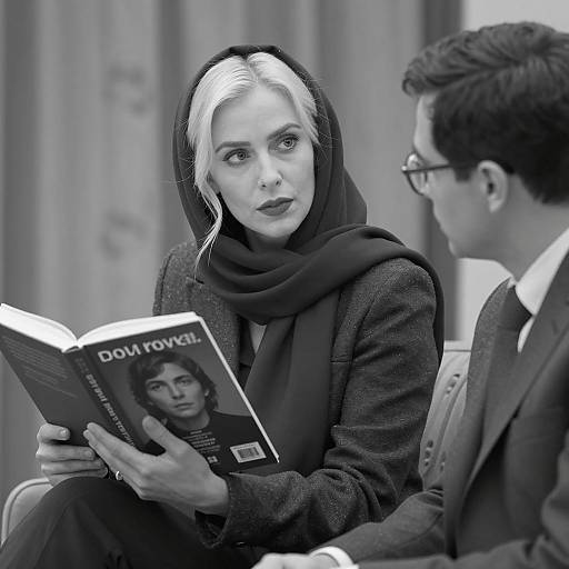 Black and White Portrait of Woman with Book and Man in Conversation
