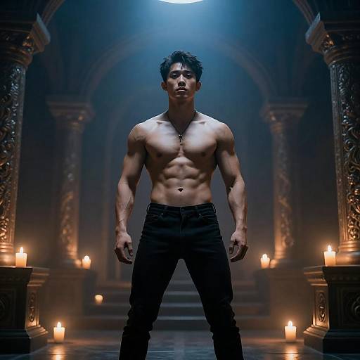 Shirtless Asian Man in Smoky Shrine