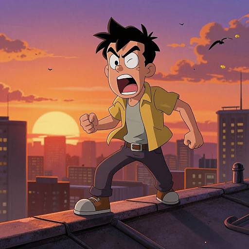 Cartoon man with black spiky hair, yellow shirt, and gray pants, shouting on rooftop at sunset, city skyline and bats in background. Digital