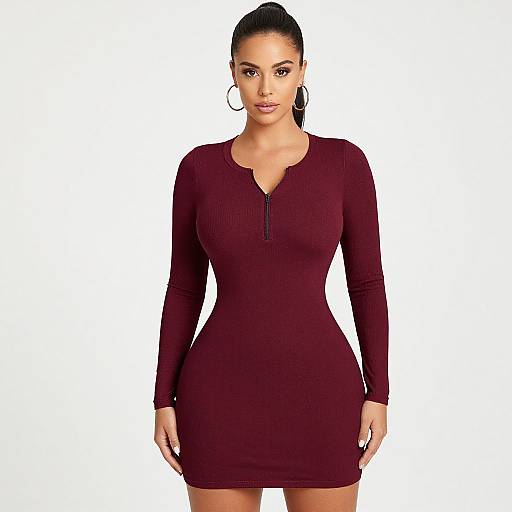 Photograph of a woman with dark hair in a ponytail, wearing a form-fitting, long-sleeve, maroon dress with a zipper