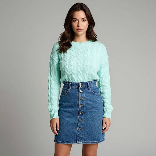 Photograph of a young woman with long dark hair, wearing a light blue knit sweater and high-waisted blue denim skirt with buttons. Gray background