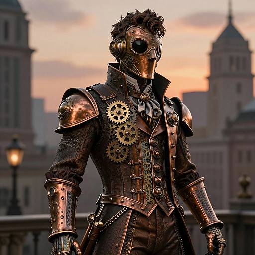 Photorealistic CGI of a steampunk warrior in metallic armor with gear details, wearing a brass mask, set against a sunset urban backdrop.