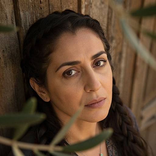 Photograph of a Middle Eastern woman with dark hair in braids, leaning against a weathered wooden fence, with green leaves in the foreground. She
