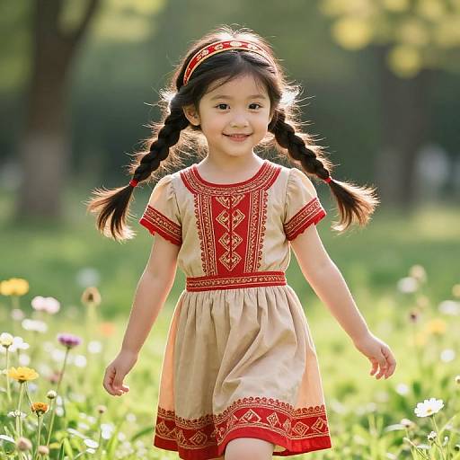 Photograph of a smiling young Asian girl with black pigtails, wearing a red and beige embroidered dress, standing in a sunlit meadow with
