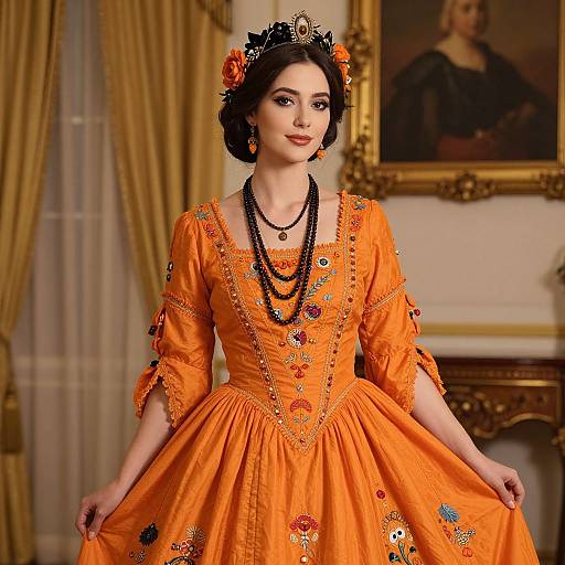 Photograph of a fair-skinned woman in a vibrant orange Victorian-style dress adorned with intricate embroidery, black bead necklaces, and an orange flowered
