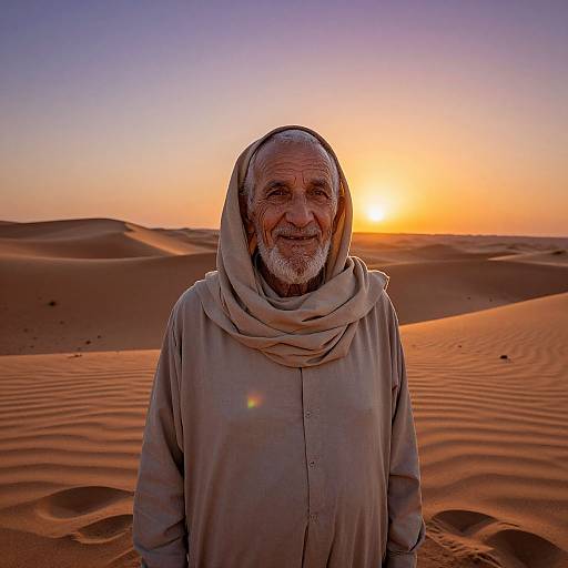 Photograph of elderly Middle Eastern man with white beard, wearing beige cloak and headscarf, standing in desert at sunset.