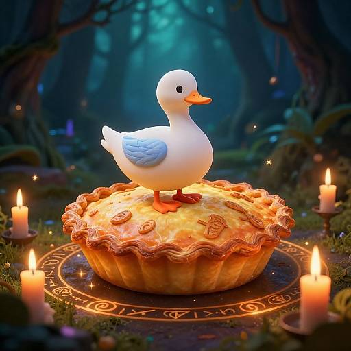 Photorealistic CGI of a white duck with blue wings standing on an ornate, glowing birthday cake surrounded by candles in a mystical forest.
