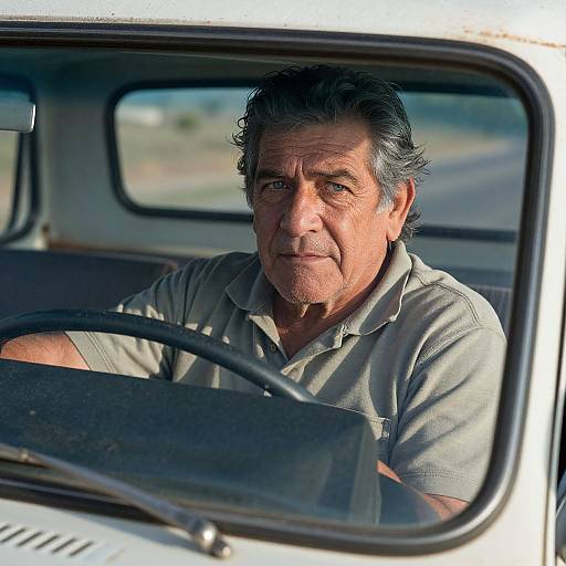 Photograph of an older man with graying hair, wearing a gray polo shirt, driving a white vehicle, viewed through the window.