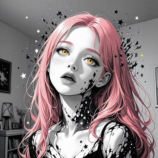 Digital anime-style portrait of a pink-haired woman with yellow eyes, surrounded by black star splatters, in a grayscale room.
