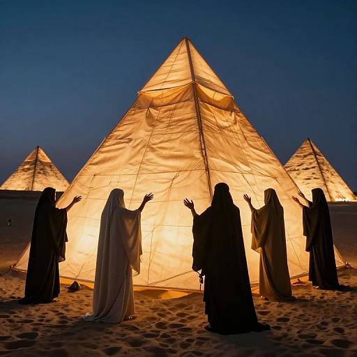 Mystical Cloaked Figures with Glowing Pyramids